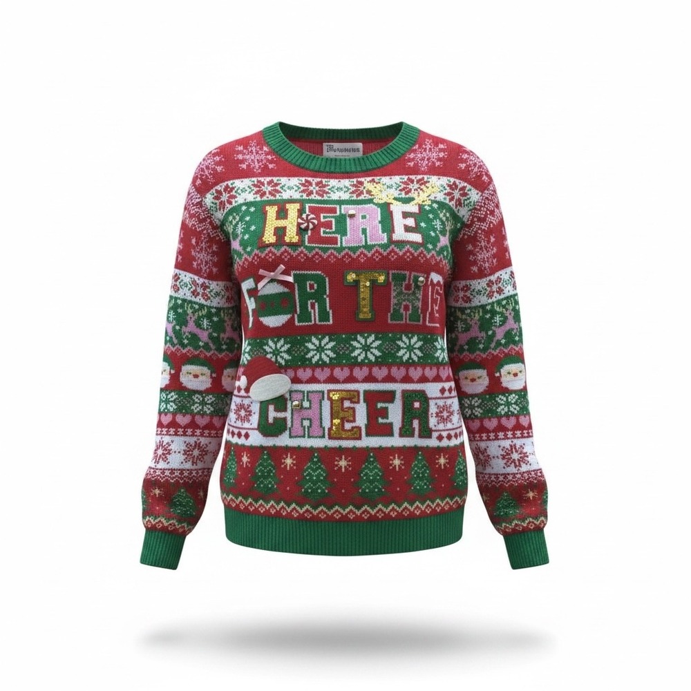 No Boundaries Women L 12/14 Ugly Christmas Sweater Red Green Sequins Holiday NWT